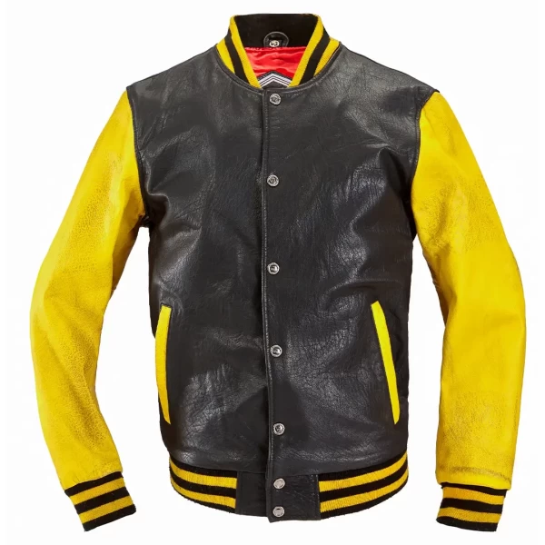 Front view of the Holyfreedom yellow varsity motorcycle jacket, bold and urban