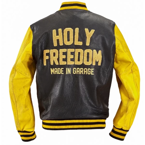 Front view of the Holyfreedom yellow varsity motorcycle jacket, bold and urban