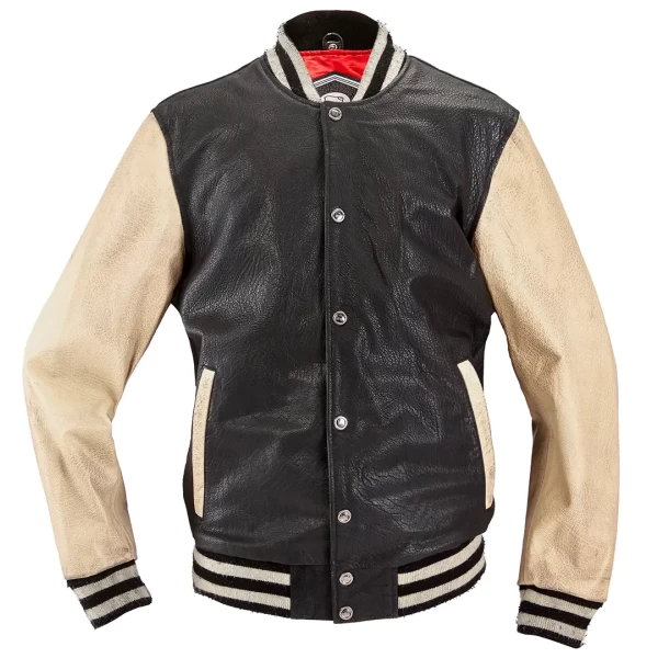 Front view of the Holyfreedom black varsity motorcycle jacket with urban custom style