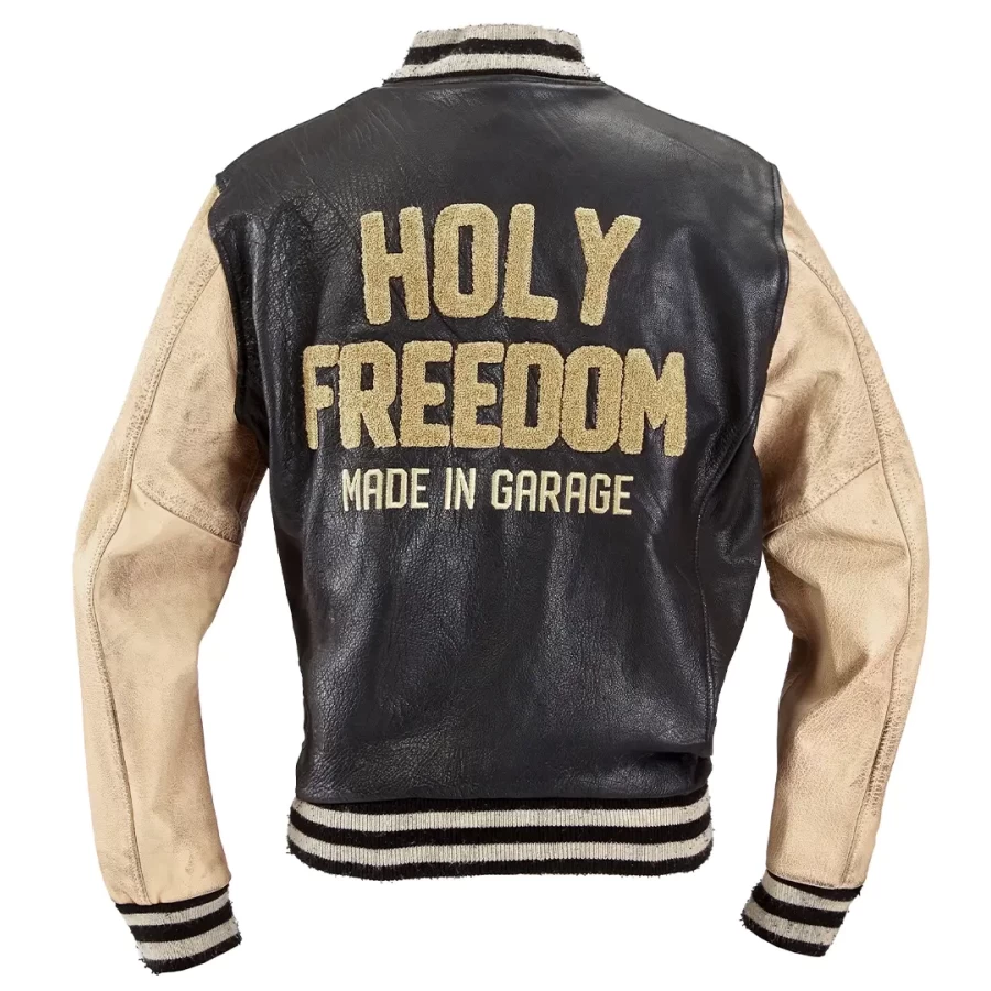 Front view of the Holyfreedom black varsity motorcycle jacket with urban custom style