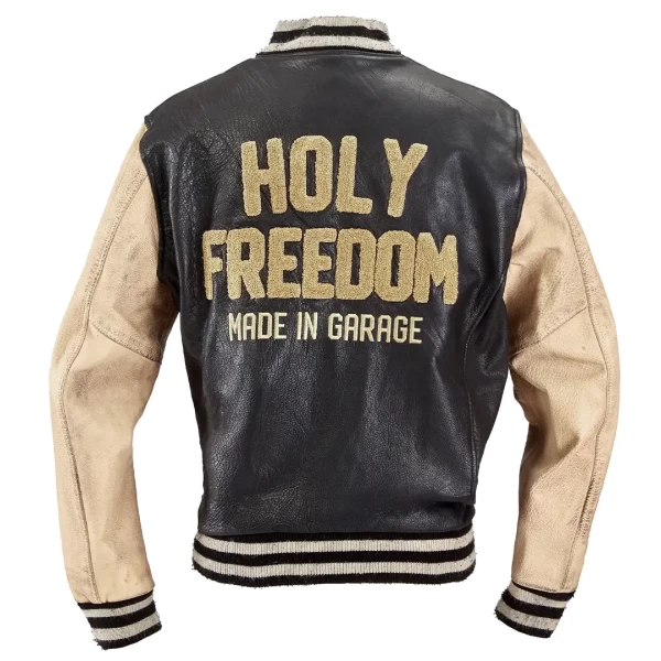 Front view of the Holyfreedom black varsity motorcycle jacket with urban custom style