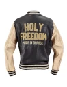 Front view of the Holyfreedom black varsity motorcycle jacket with urban custom style