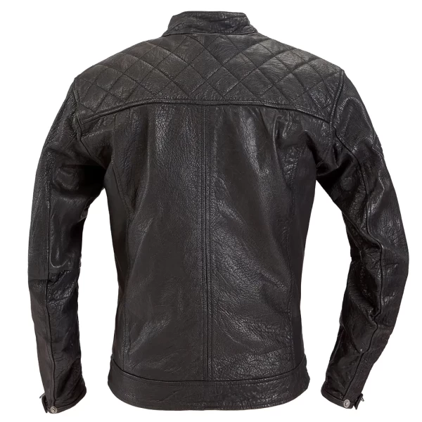 Front view of the Burn Out leather motorcycle jacket, cafe racer cut and bold Holyfreedom presence. 2