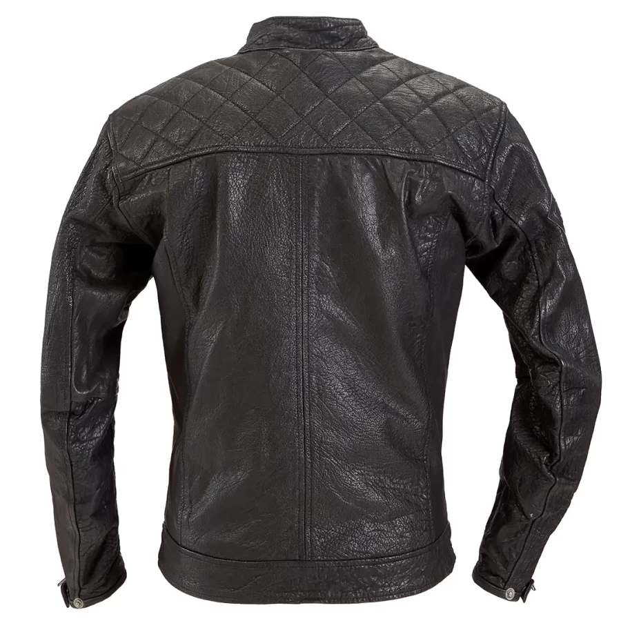 Front view of the Burn Out leather motorcycle jacket, cafe racer cut and bold Holyfreedom presence.