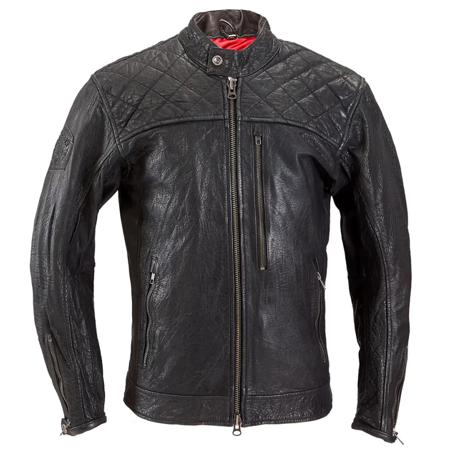 Front view of the Burn Out leather motorcycle jacket, cafe racer cut and bold Holyfreedom presence.