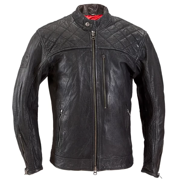 Front view of the Burn Out leather motorcycle jacket, cafe racer cut and bold Holyfreedom presence.