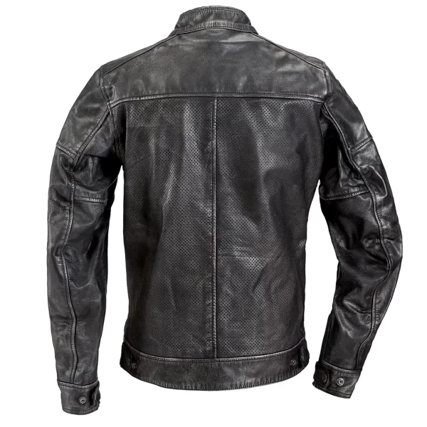 Front view of Zero Summer Black leather motorcycle jacket with slim cafe racer profile.