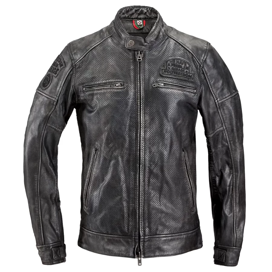 Front view of Zero Summer Black leather motorcycle jacket with slim cafe racer profile.