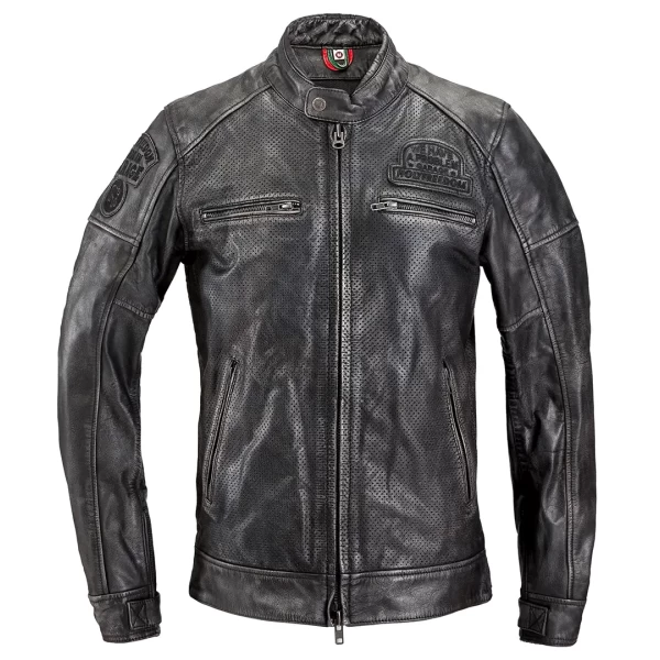 Front view of Zero Summer Black leather motorcycle jacket with slim cafe racer profile.