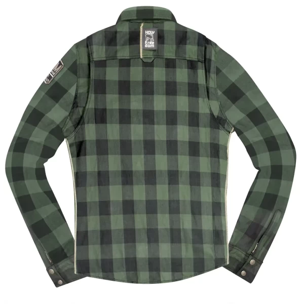 Vista frontale della giacca Lumberjack Green in flanella Holyfreedom per stile moto vintage.