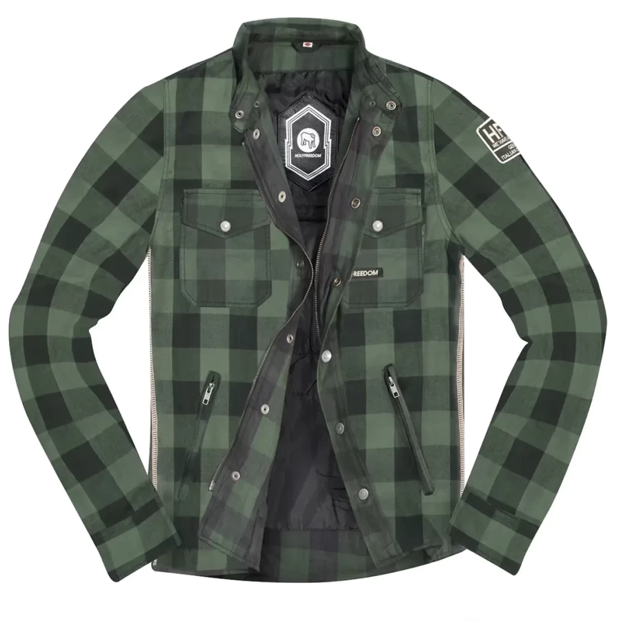 Vista frontale della giacca Lumberjack Green in flanella Holyfreedom per stile moto vintage.