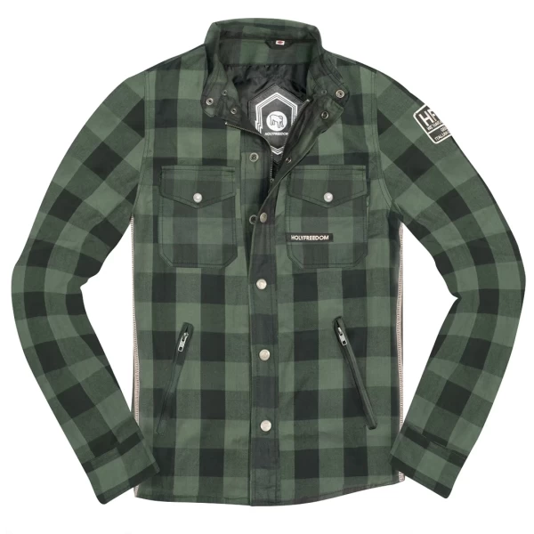 Vista frontale della giacca Lumberjack Green in flanella Holyfreedom per stile moto vintage.