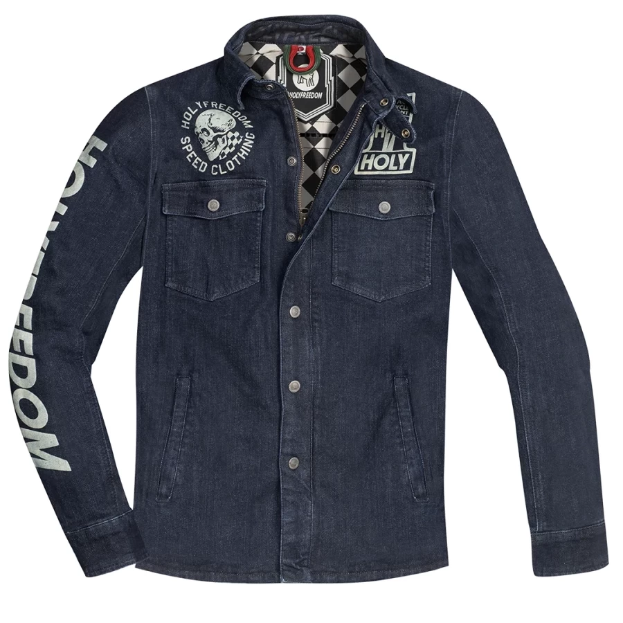 Front view of the Holyfreedom Genoa printed CE motorcycle jacket with original graphics.