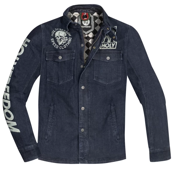 Front view of the Holyfreedom Genoa printed CE motorcycle jacket with original graphics.