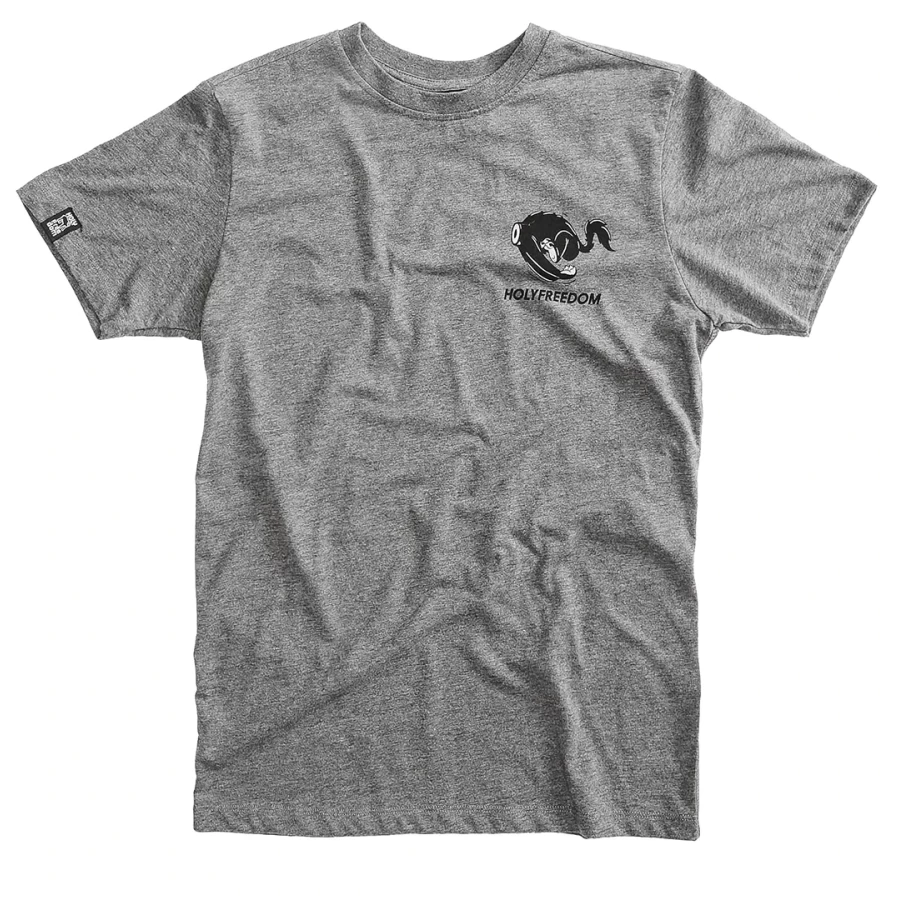 Front view of the Holyfreedom Be Careful grey melange T-shirt with a clean classic fit.