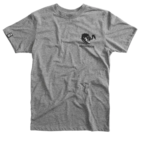 Front view of the Holyfreedom Be Careful grey melange T-shirt with a clean classic fit.
