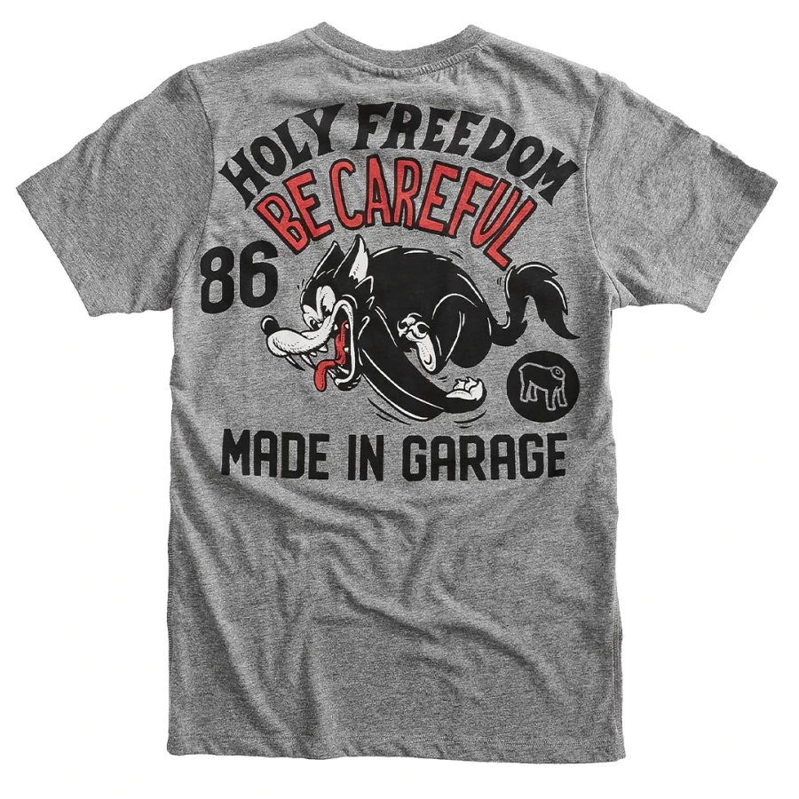 Front view of the Holyfreedom Be Careful grey melange T-shirt with a clean classic fit.