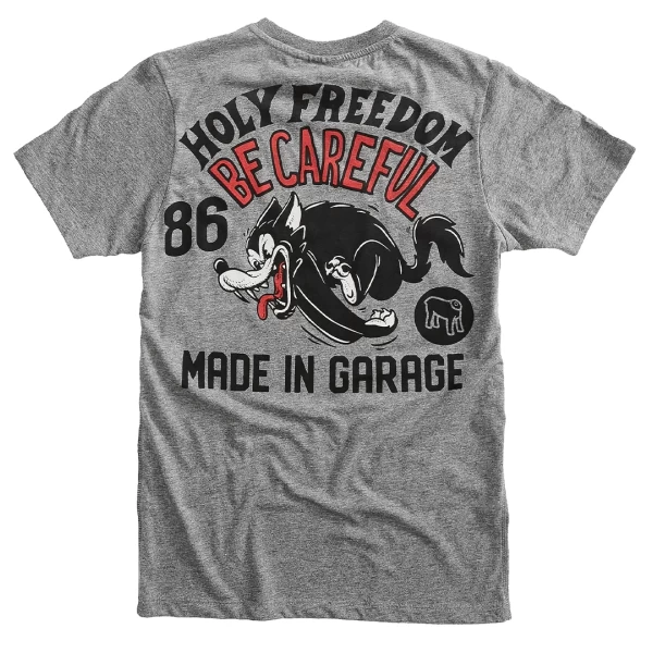 Front view of the Holyfreedom Be Careful grey melange T-shirt with a clean classic fit.