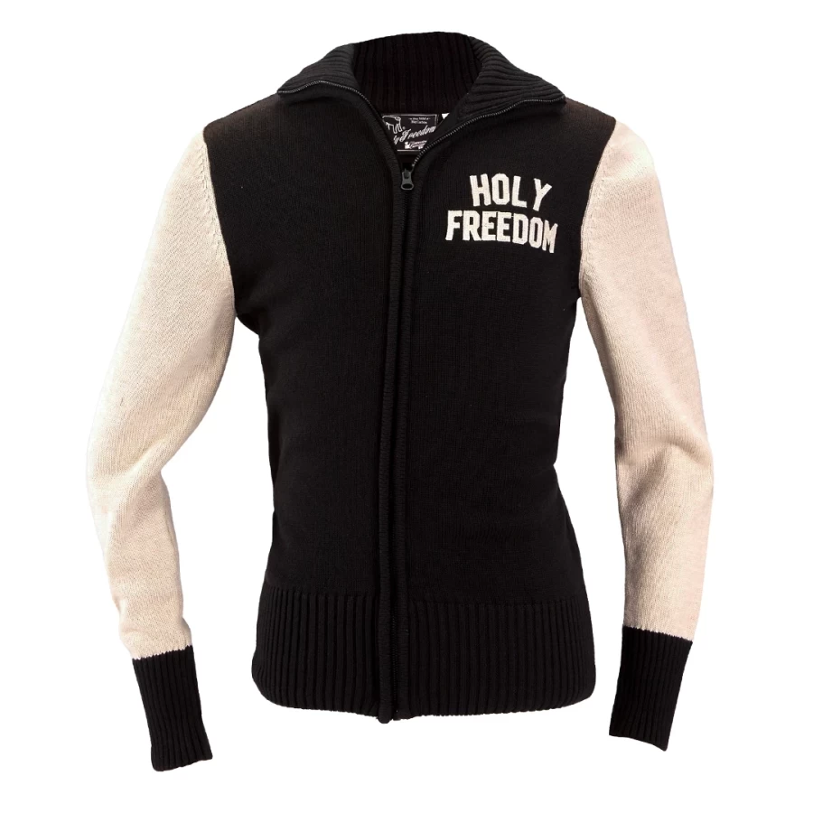Vista frontale della Dirt Track Sweater Holyfreedom, maglia full zip ispirata agli anni '30.