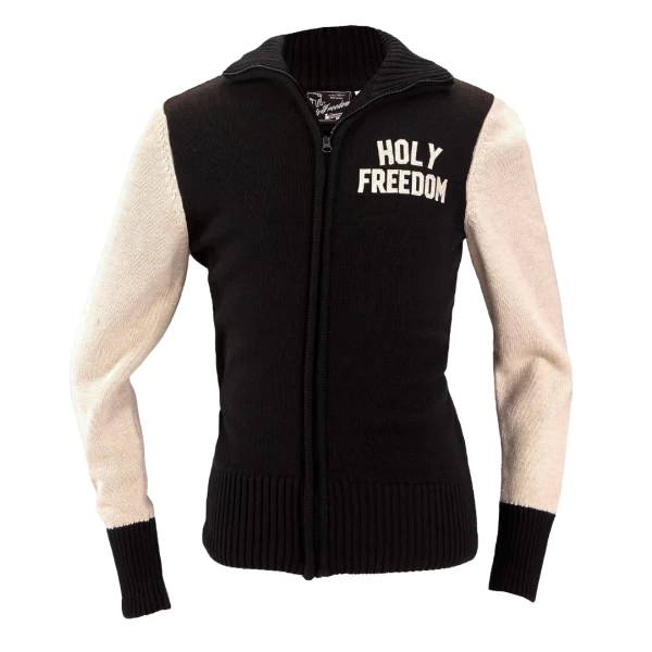 Front view of the Holyfreedom Dirt Track Sweater, a 1930s-inspired full zip layer.