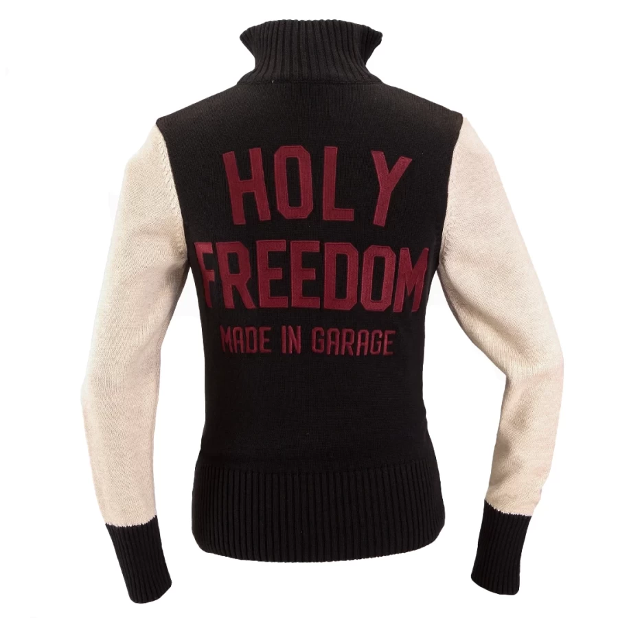 Front view of the Holyfreedom Dirt Track Sweater, a 1930s-inspired full zip layer.