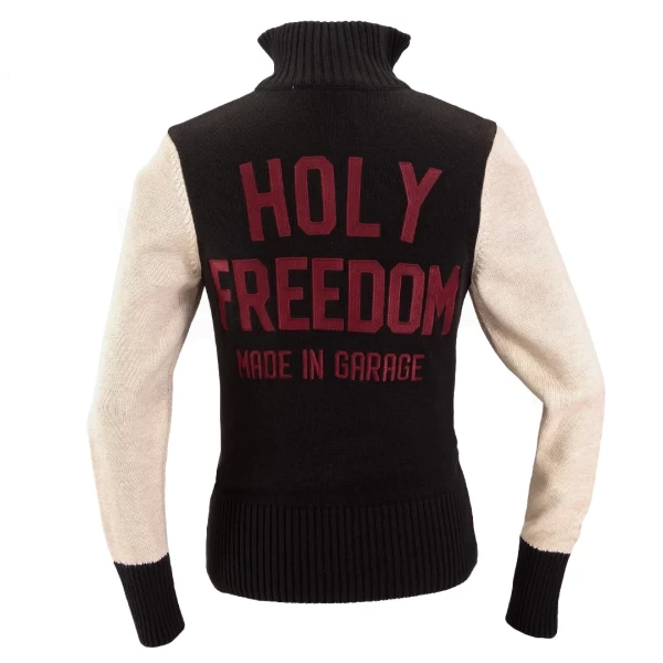 Vista frontale della Dirt Track Sweater Holyfreedom, maglia full zip ispirata agli anni '30.