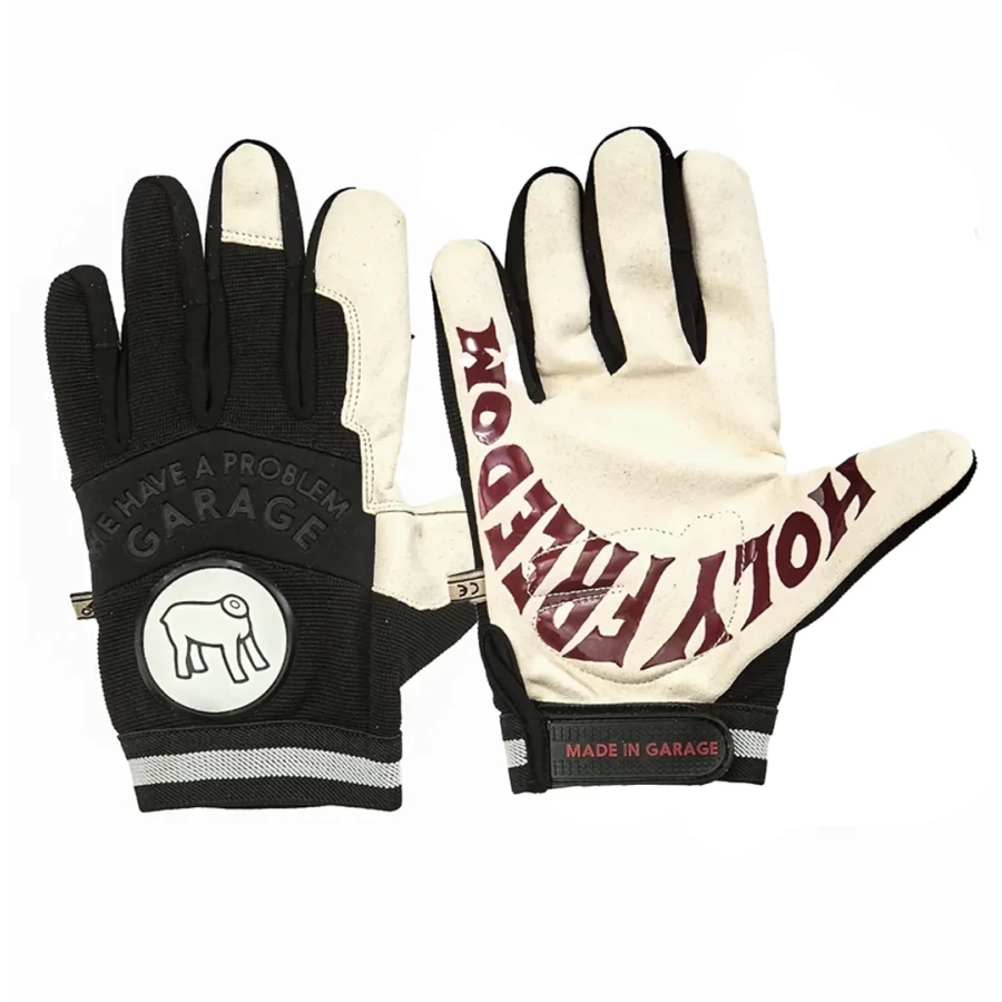Front view of Garage Gloves, custom leather motorcycle gloves with a clean garage look.