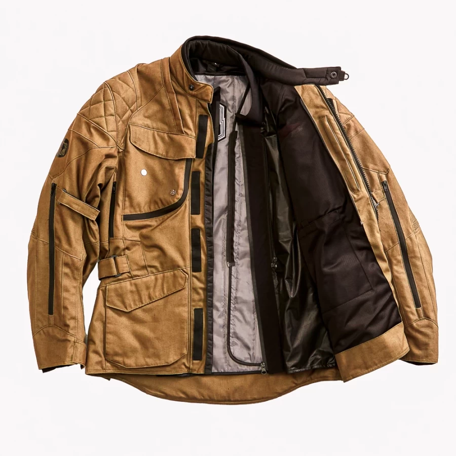 Close-up of CE-protected details on the Holyfreedom Explorer Havana touring jacket