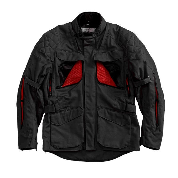 Close-up of CE-protected details on the Holyfreedom Explorer Black touring jacket