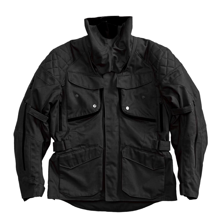 Close-up of CE-protected details on the Holyfreedom Explorer Black touring jacket