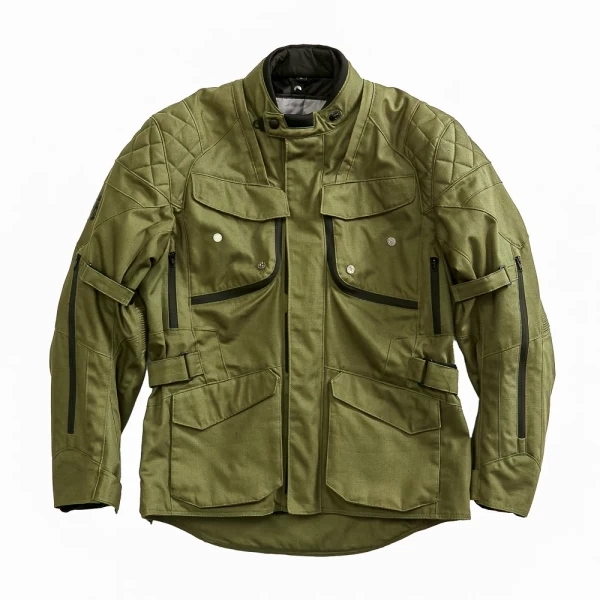 Front view of the Holyfreedom Explorer Green technical motorcycle jacket