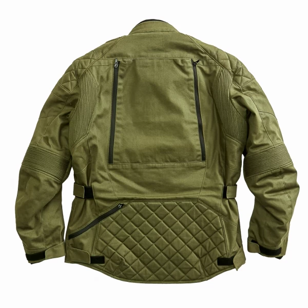 Close-up of CE-protected details on the Holyfreedom Explorer Green touring jacket