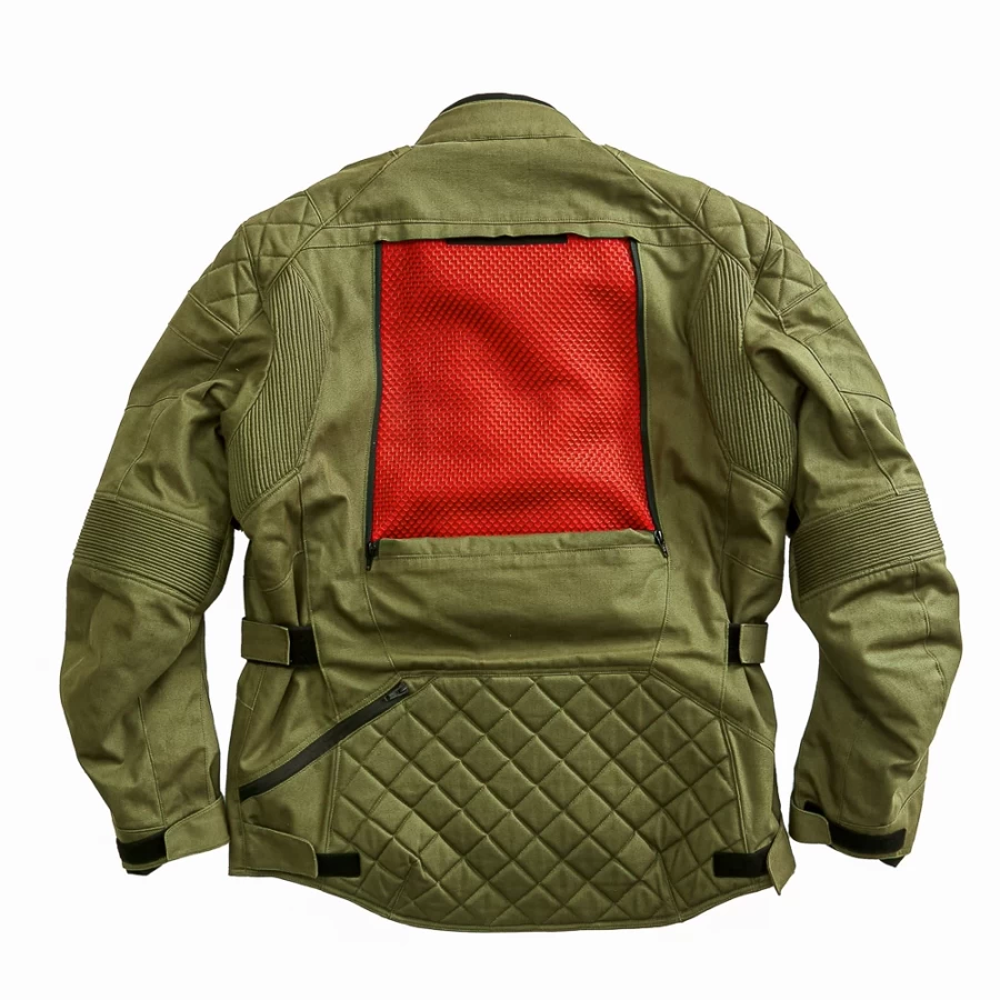Close-up of CE-protected details on the Holyfreedom Explorer Green touring jacket