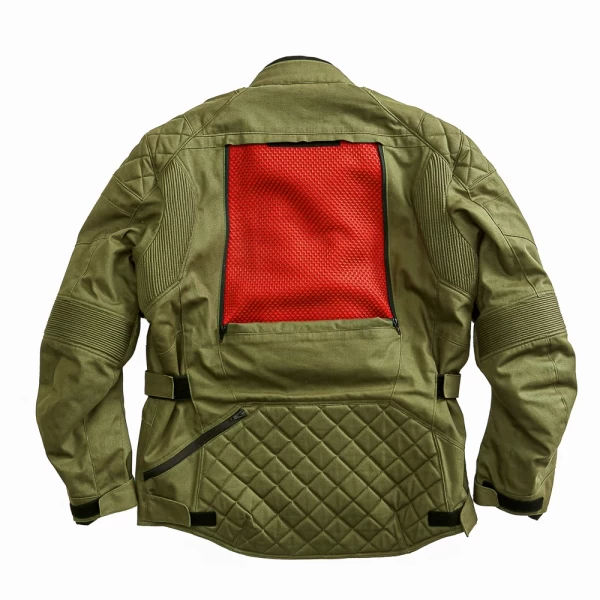 Close-up of CE-protected details on the Holyfreedom Explorer Green touring jacket