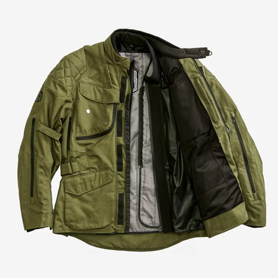 Close-up of CE-protected details on the Holyfreedom Explorer Green touring jacket