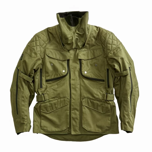 Close-up of CE-protected details on the Holyfreedom Explorer Green touring jacket