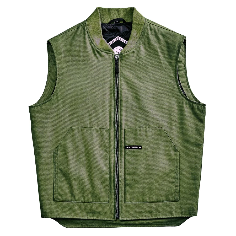 Gilet moto imbottito Worker Green Holyfreedom, vista frontale con fit essenziale e stile vintage.