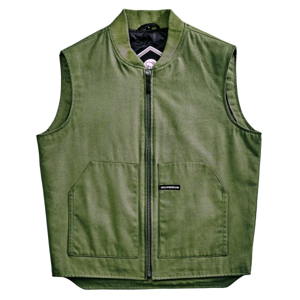 Gilet moto imbottito Worker Green Holyfreedom, vista frontale con fit essenziale e stile vintage.