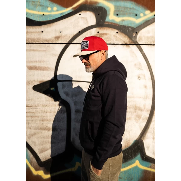 Detail of the navy Holyfreedom hoodie with a clean look and custom attitude.