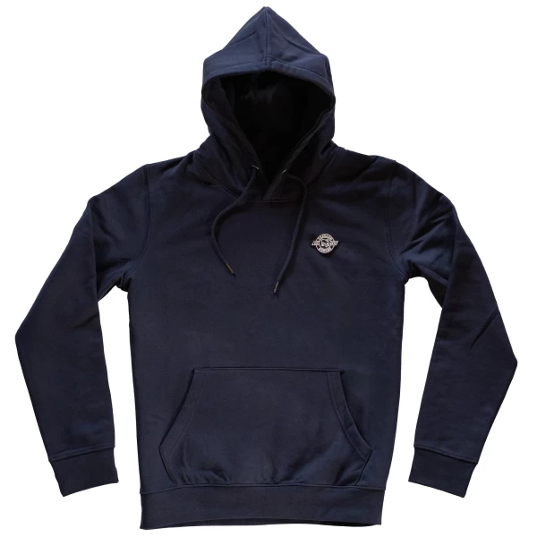 Felpa Garage Navy frontale con cappuccio e fit rilassato per stile moto vintage.
