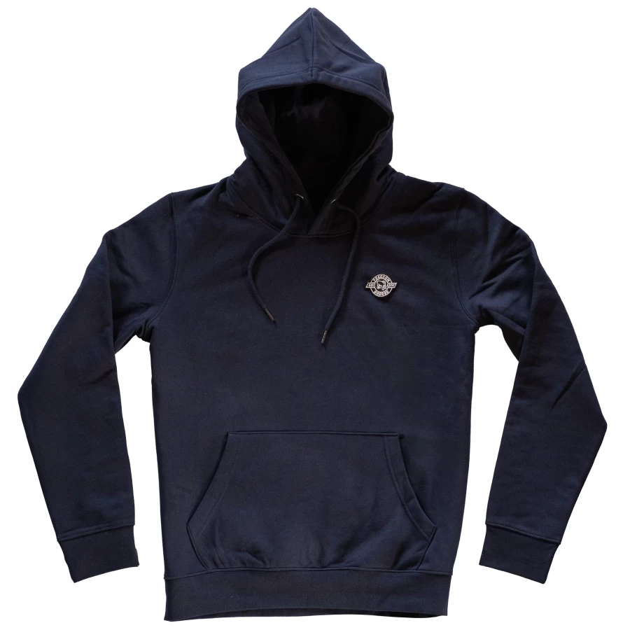 Front view of the Garage Navy hoodie with relaxed fit and vintage motorcycle feel.