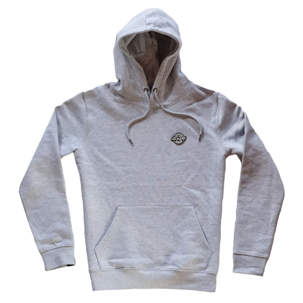 Front view of the Garage Melange hoodie with clean motorcycle style and relaxed fit.