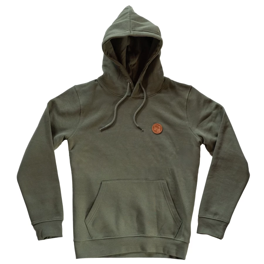 Front view of the Garage Green hoodie with a relaxed fit and vintage motorcycle style.