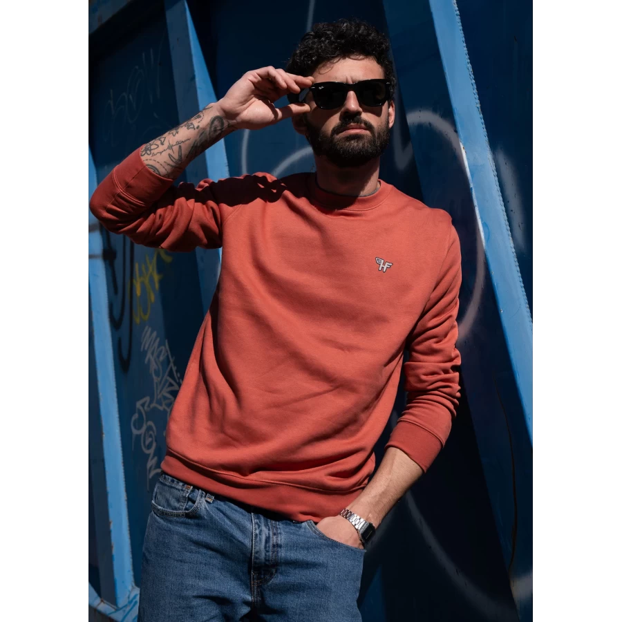 Rusty graphic detail on Holyfreedom vintage motorcycle sweatshirt with custom garage mood