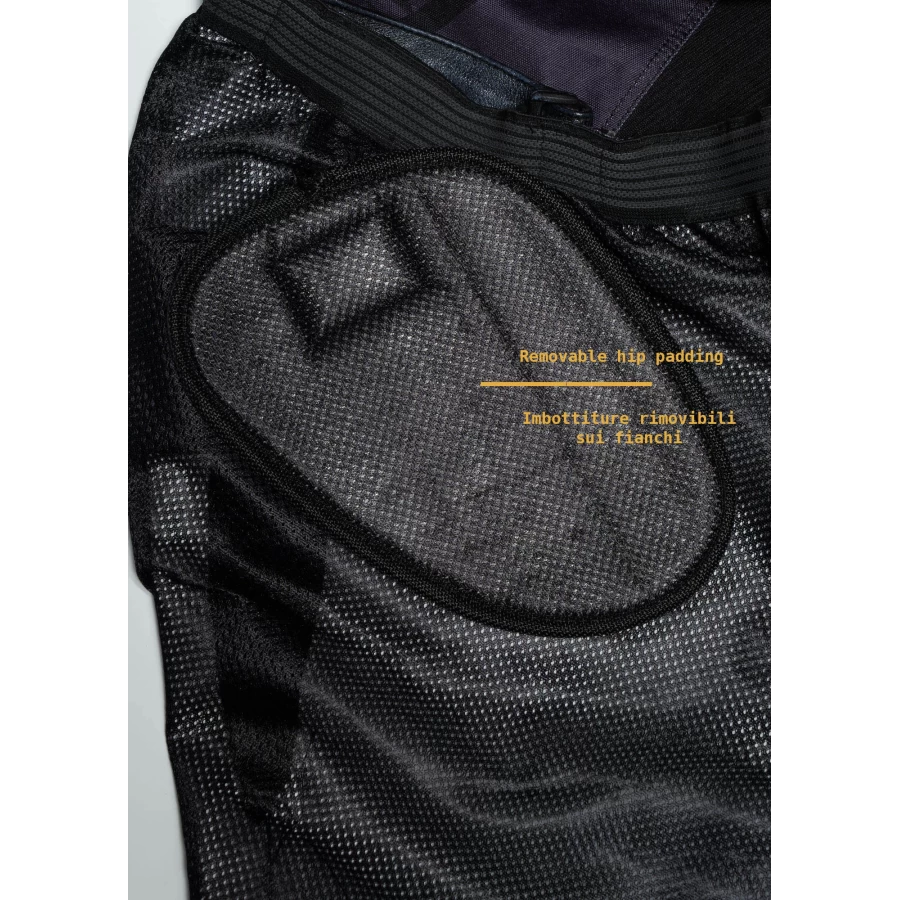 Close-up of the technical fabric and Holyfreedom finishing on Mud Petrol riding trousers.