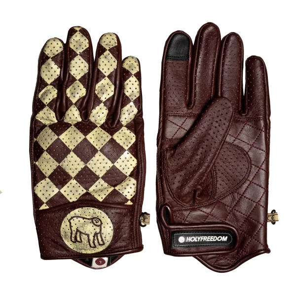 Guanti moto Bullit Insulto Holyfreedom visti frontalmente, look cafe racer e protezione CE.