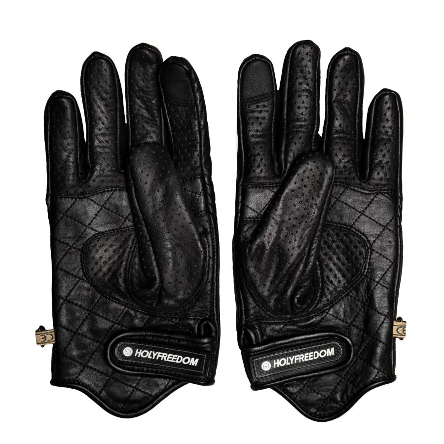 Vista frontale dei guanti moto pelle Bullit Holyfreedom, design vintage essenziale.