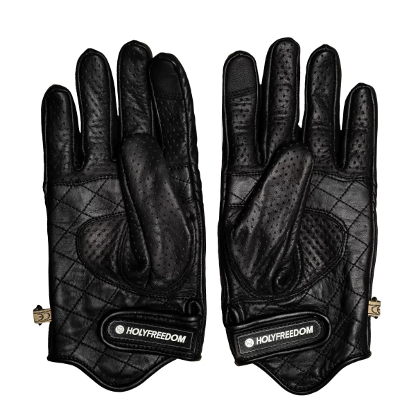 Vista frontale dei guanti moto pelle Bullit Holyfreedom, design vintage essenziale.