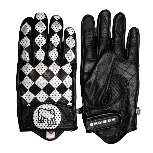 Vista frontale dei guanti moto pelle Bullit Holyfreedom, design vintage essenziale.