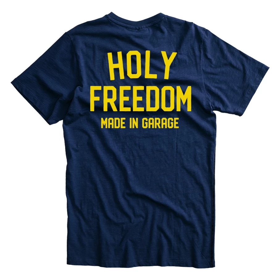 T-shirt Crew Blue Holyfreedom in cotone riciclato, vista frontale con colore intenso.